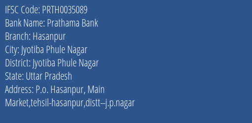 Prathama Bank Hasanpur Branch Jyotiba Phule Nagar IFSC Code PRTH0035089