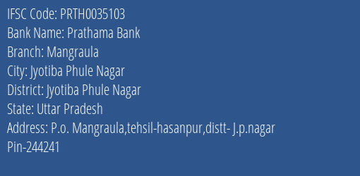 Prathama Bank Mangraula Branch Jyotiba Phule Nagar IFSC Code PRTH0035103
