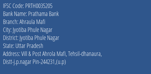 Prathama Bank Ahraula Mafi Branch Jyotiba Phule Nagar IFSC Code PRTH0035205