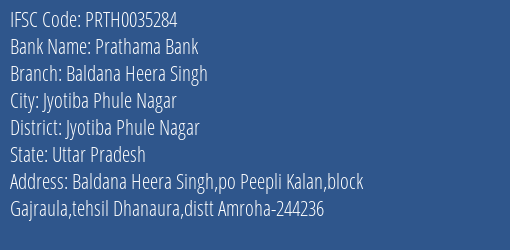 Prathama Bank Baldana Heera Singh Branch Jyotiba Phule Nagar IFSC Code PRTH0035284