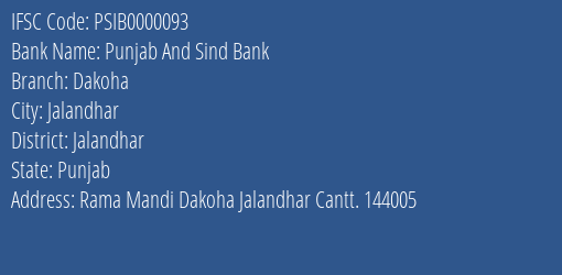 Punjab And Sind Bank Dakoha Branch, Branch Code 000093 & IFSC Code PSIB0000093