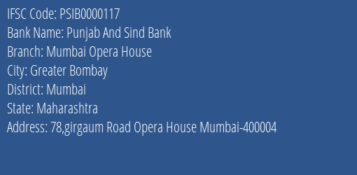 Punjab And Sind Bank Mumbai Opera House Branch IFSC Code