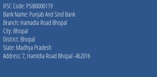 Punjab And Sind Bank Hamadia Road Bhopal Branch, Branch Code 000119 & IFSC Code PSIB0000119