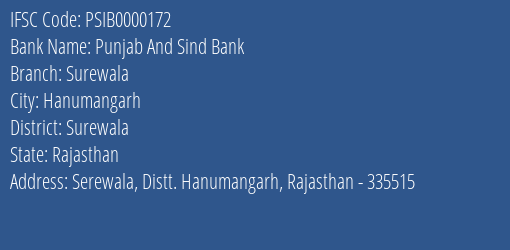 Punjab And Sind Bank Surewala Branch Surewala IFSC Code PSIB0000172