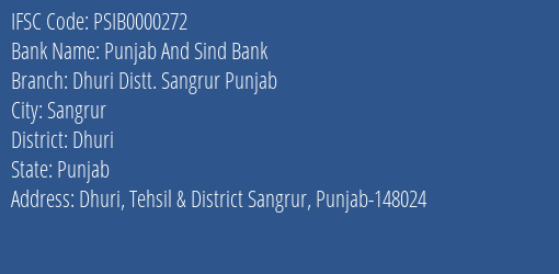 Punjab And Sind Bank Dhuri Distt. Sangrur Punjab Branch IFSC Code