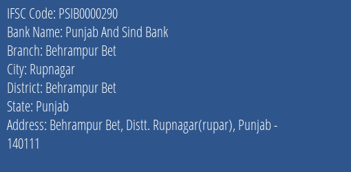 Punjab And Sind Bank Behrampur Bet Branch Behrampur Bet IFSC Code PSIB0000290