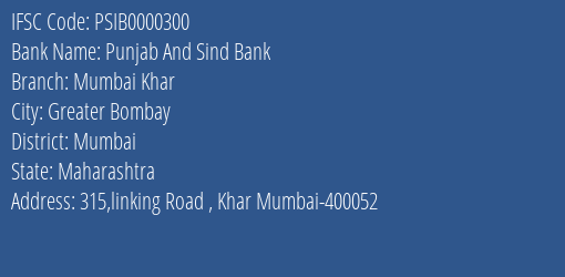 Punjab And Sind Bank Mumbai Khar Branch IFSC Code