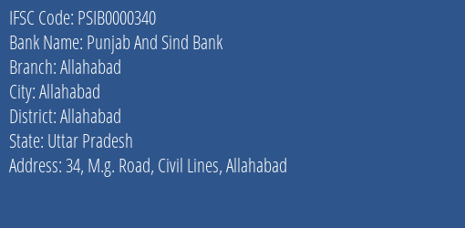 Punjab And Sind Bank Allahabad Branch, Branch Code 000340 & IFSC Code PSIB0000340