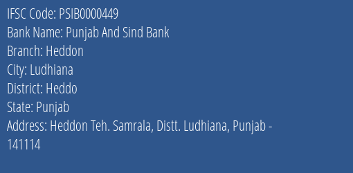 Punjab And Sind Bank Heddon Branch Heddo IFSC Code PSIB0000449
