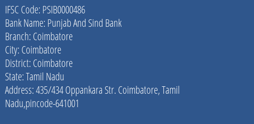 Punjab And Sind Bank Coimbatore Branch, Branch Code 000486 & IFSC Code PSIB0000486