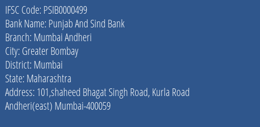 Punjab And Sind Bank Mumbai Andheri Branch IFSC Code