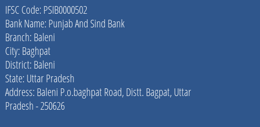 Punjab And Sind Bank Baleni Branch Baleni IFSC Code PSIB0000502