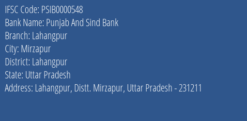Punjab And Sind Bank Lahangpur Branch Lahangpur IFSC Code PSIB0000548