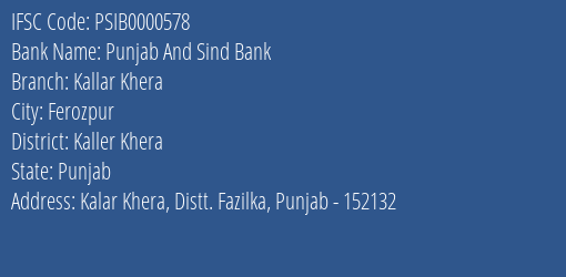 Punjab And Sind Bank Kallar Khera Branch Kaller Khera IFSC Code PSIB0000578