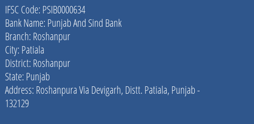 Punjab And Sind Bank Roshanpur Branch Roshanpur IFSC Code PSIB0000634