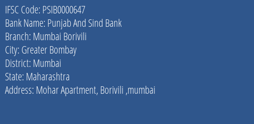 Punjab And Sind Bank Mumbai Borivili Branch, Branch Code 000647 & IFSC Code PSIB0000647