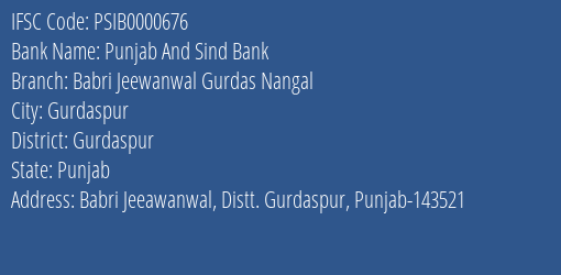 Punjab And Sind Bank Babri Jeewanwal Gurdas Nangal Branch IFSC Code