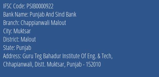 Punjab And Sind Bank Chappianwali Malout Branch Malout IFSC Code PSIB0000922