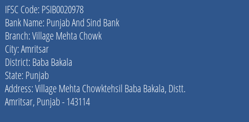 Punjab And Sind Bank Village Mehta Chowk Branch Baba Bakala IFSC Code PSIB0020978