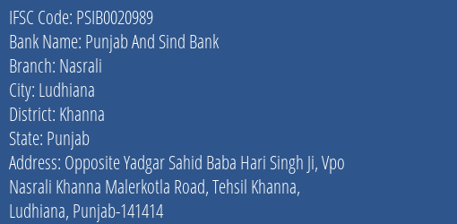 Punjab And Sind Bank Nasrali Branch, Branch Code 020989 & IFSC Code PSIB0020989