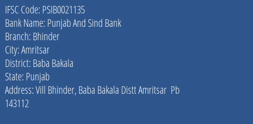 Punjab And Sind Bank Bhinder Branch Baba Bakala IFSC Code PSIB0021135