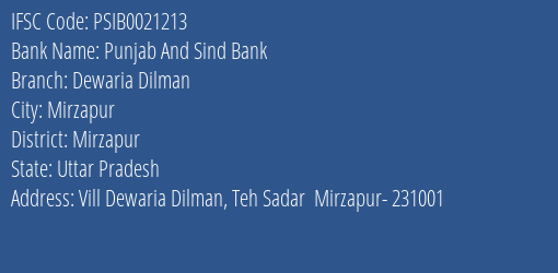 Punjab And Sind Bank Dewaria Dilman Branch Mirzapur IFSC Code PSIB0021213