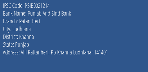 Punjab And Sind Bank Ratan Heri Branch, Branch Code 021214 & IFSC Code PSIB0021214