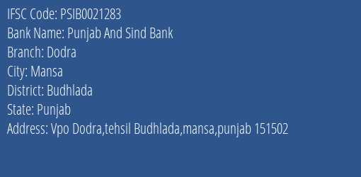 Punjab And Sind Bank Dodra Branch, Branch Code 021283 & IFSC Code PSIB0021283