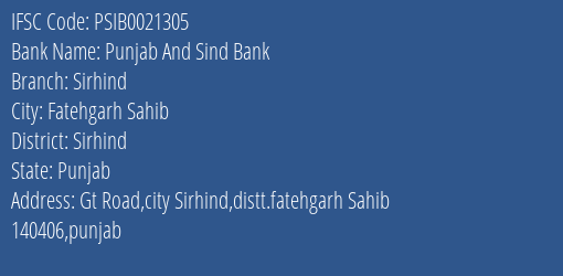Punjab And Sind Bank Sirhind Branch Sirhind IFSC Code PSIB0021305