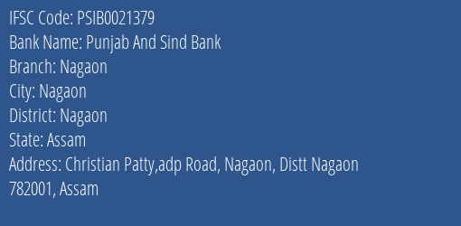 Punjab And Sind Bank Nagaon Branch, Branch Code 021379 & IFSC Code PSIB0021379