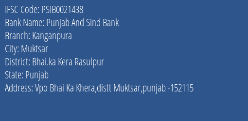 Punjab And Sind Bank Kanganpura Branch Bhai.ka Kera Rasulpur IFSC Code PSIB0021438