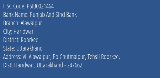 Punjab And Sind Bank Alawalpur Branch, Branch Code 021464 & IFSC Code PSIB0021464