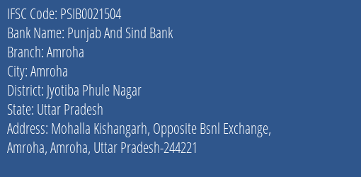 Punjab And Sind Bank Amroha Branch Jyotiba Phule Nagar IFSC Code PSIB0021504