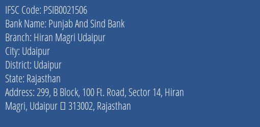 Punjab And Sind Bank Hiran Magri Udaipur Branch IFSC Code