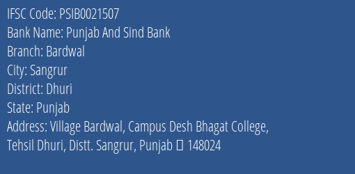 Punjab And Sind Bank Bardwal Branch, Branch Code 021507 & IFSC Code PSIB0021507