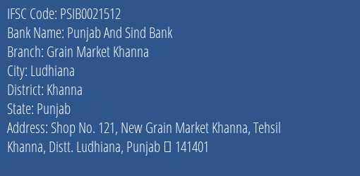 Punjab And Sind Bank Grain Market Khanna Branch IFSC Code