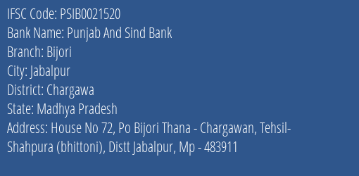 Punjab And Sind Bank Bijori Branch, Branch Code 021520 & IFSC Code PSIB0021520