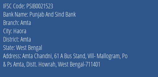 Punjab And Sind Bank Amta Branch, Branch Code 021523 & IFSC Code PSIB0021523