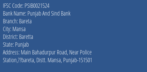 Punjab And Sind Bank Bareta Branch, Branch Code 021524 & IFSC Code PSIB0021524