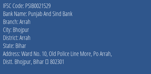 Punjab And Sind Bank Arrah Branch IFSC Code