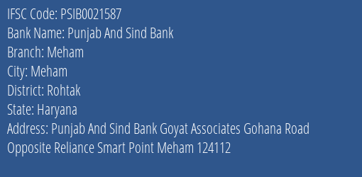 Punjab And Sind Bank Meham Branch, Branch Code 021587 & IFSC Code PSIB0021587