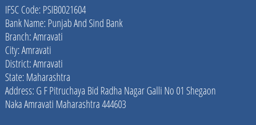 Punjab And Sind Bank Amravati Branch, Branch Code 021604 & IFSC Code PSIB0021604