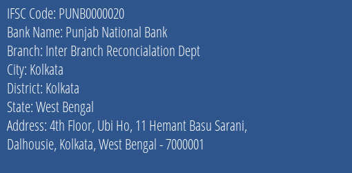 Punjab National Bank Inter Branch Reconcialation Dept Branch, Branch Code 000020 & IFSC Code PUNB0000020