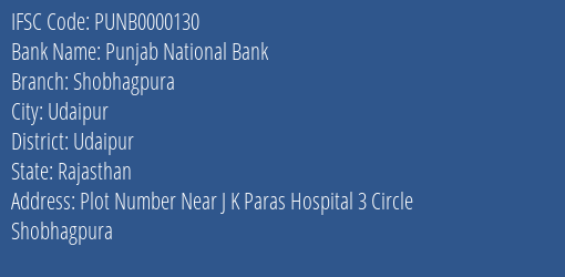 Punjab National Bank Shobhagpura Branch, Branch Code 000130 & IFSC Code PUNB0000130