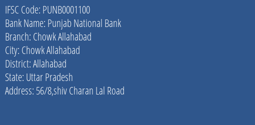 Punjab National Bank Chowk Allahabad Branch, Branch Code 001100 & IFSC Code PUNB0001100