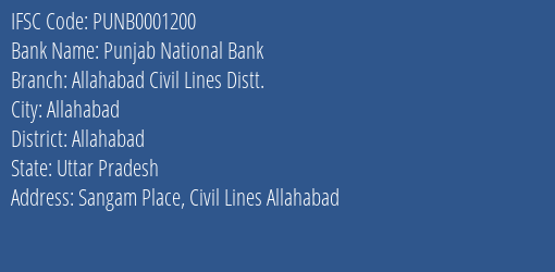 Punjab National Bank Allahabad Civil Lines Distt. Branch, Branch Code 001200 & IFSC Code Punb0001200