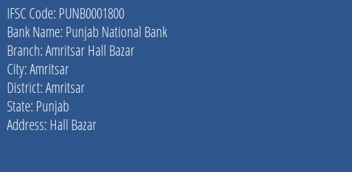Punjab National Bank Amritsar Hall Bazar Branch, Branch Code 001800 & IFSC Code PUNB0001800