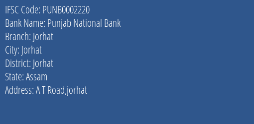 Punjab National Bank Jorhat Branch, Branch Code 002220 & IFSC Code PUNB0002220