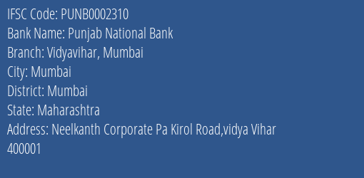 Punjab National Bank Vidyavihar Mumbai Branch, Branch Code 002310 & IFSC Code PUNB0002310