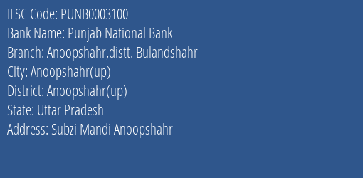 Punjab National Bank Anoopshahr Distt. Bulandshahr Branch Anoopshahr Up IFSC Code PUNB0003100